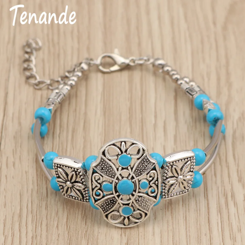 

Tenande Boho Gypsy Natural Stone Beads Flower Bracelets Vintage Carved Bracelets & Bangle for Women Tribal Jewelry Statement