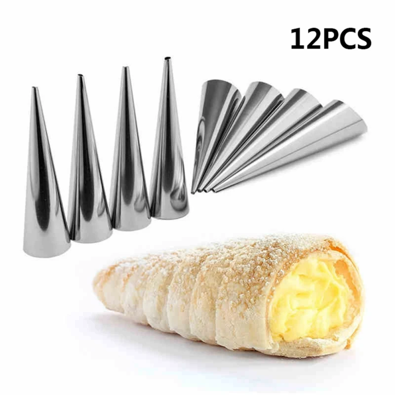 12pcs Conical Tube Cone Roll Moulds Stainless Steel Spiral Croissants Molds Pastry Cream Horn Cake Bread Mold Baking Pastry Tool