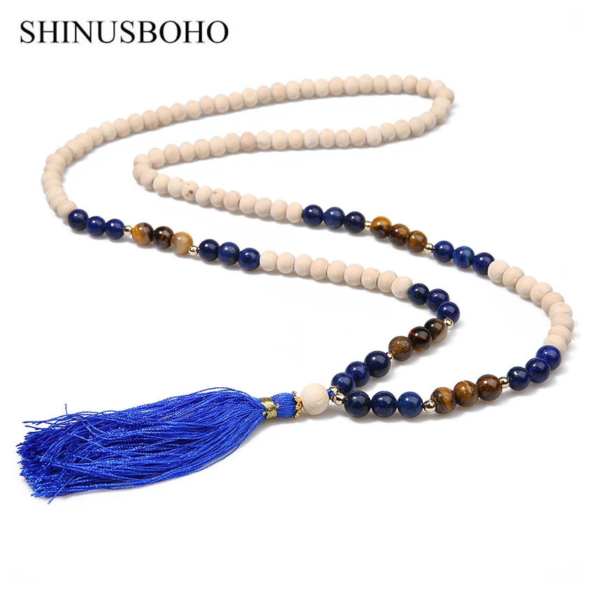 

SHINUSBOHO Fashion Bohemian Necklaces for Women Wooden Beads Beaded Long Tassel Necklace Femme Yoga Meditation Neck Jewelry