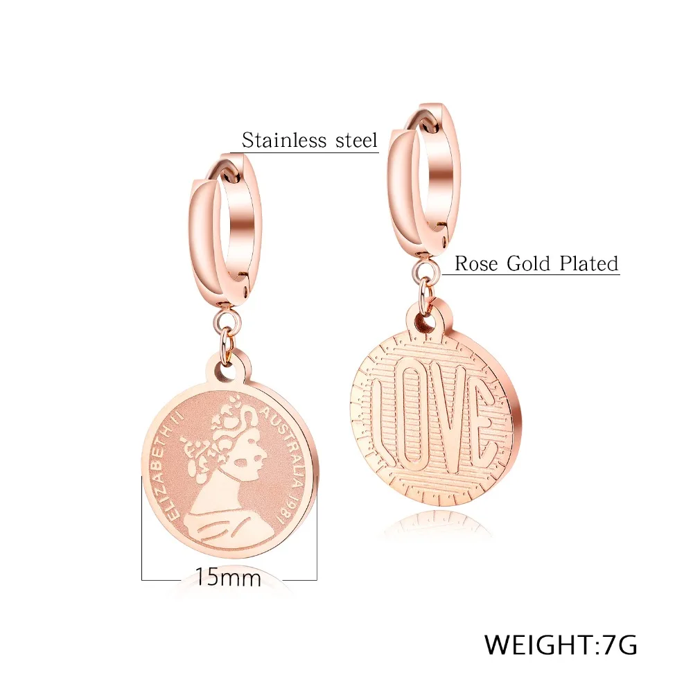 

2019 New Fashion Rose Gold Stainless Steel Women's Earrings Hyperbole Elizabeth II Pattern Ear Jewelry EZ033