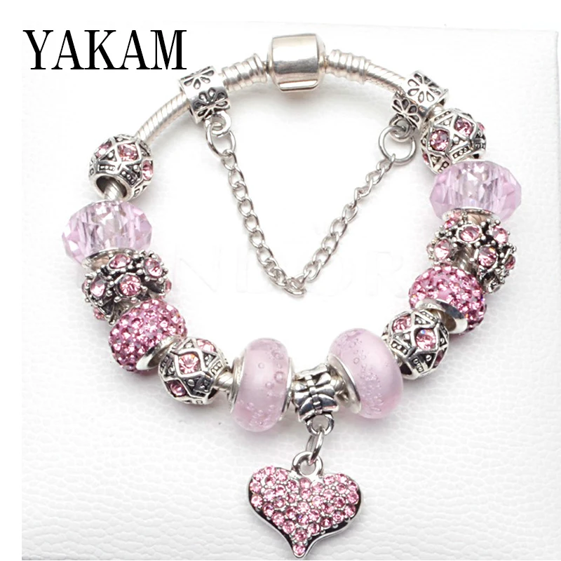 Розовый CZ сердце стеклянные бусины Pulsera подходят очаровательный браслет из бисера цветок безопасная цепь Шарм Лето Европа женщины ювелирные изделия DIY