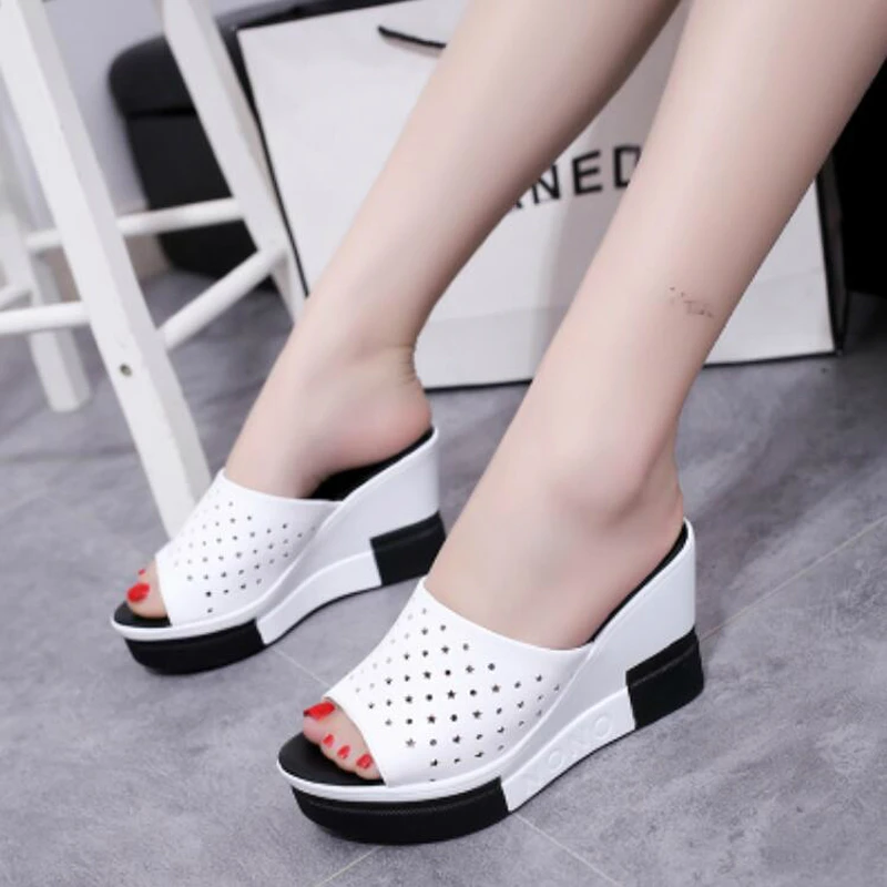 

WGZNYN Summer slippers women platform sandals shoes Woman slides sandals beach platform slip-on round toe white flip flops W003