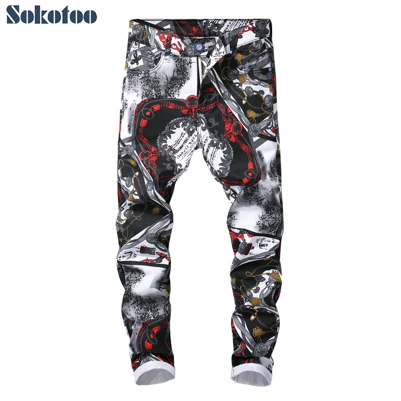 Sokotoo Men's fashion 3D pattern slim fit straight printed jeans Trendy white black colored drawing stretch denim pants Sokotoo Men's fashion 3D pattern slim fit straight printed jeans Trendy white black colored drawing stretch denim pants