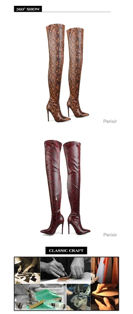 Perixir Thigh High Over the Knee Boots for Women Shoes Snakeskin Pointed Toe Super Thin High Heels Long Boots Bottine Femme -