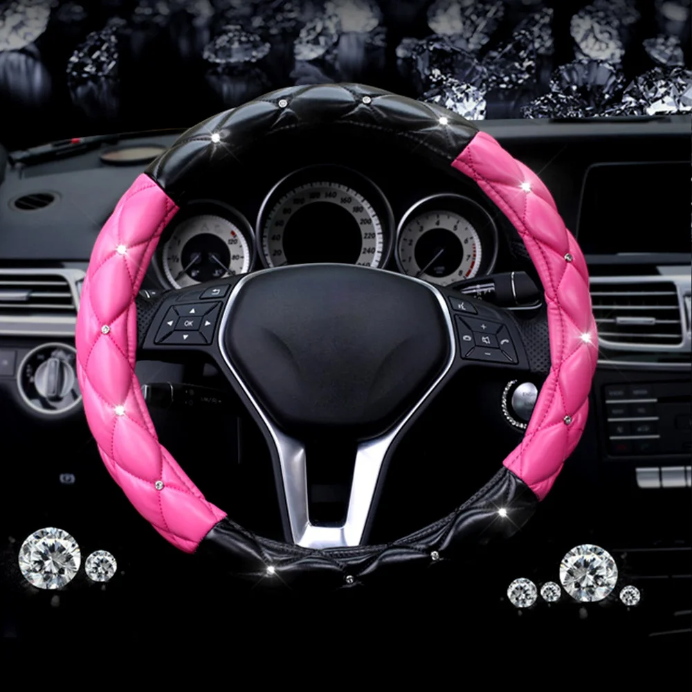 Red Soft Plush Fluffy Car Steering Wheel Cover Skidproof Girly Bling Rhinestone