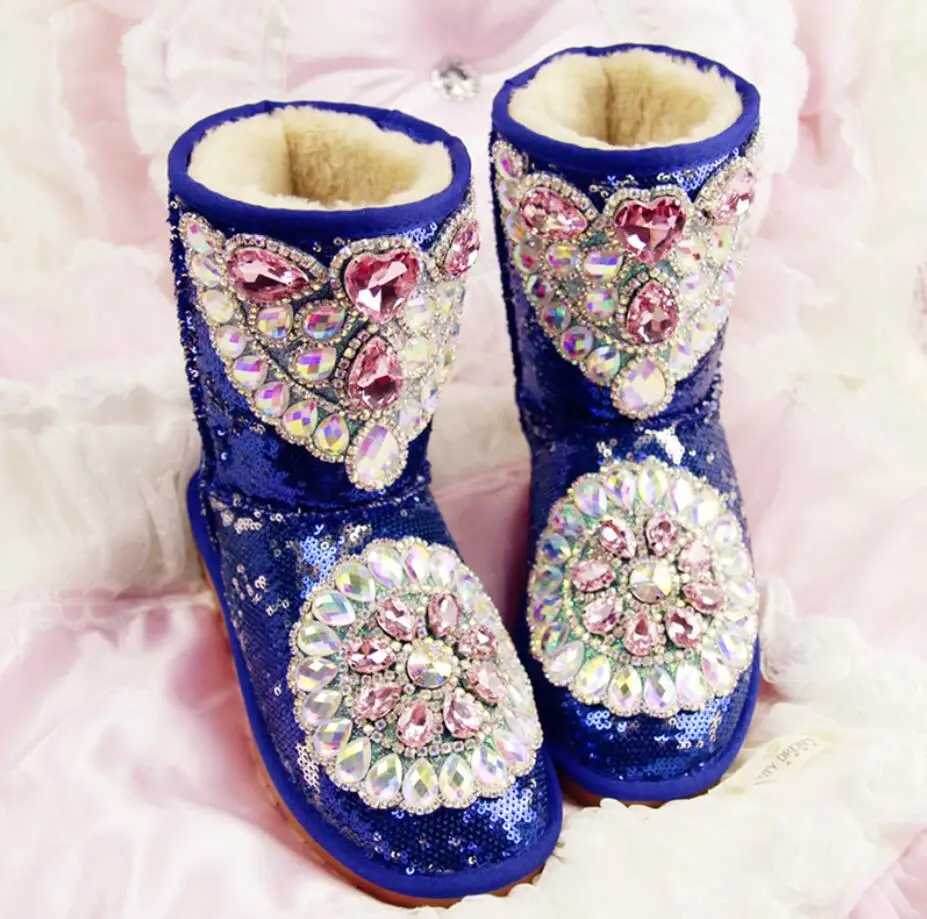 LANSHITINA 2017 new winter Women rhinestone stud Ankle Boots glitter