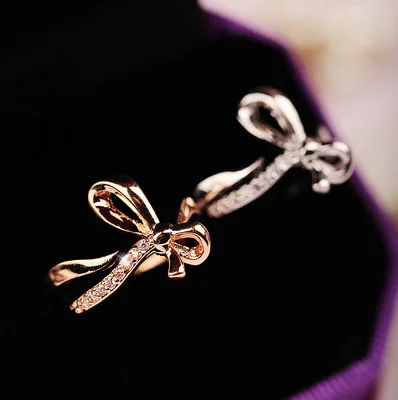 sweet bow Cubic Zirconia open ring rose golden fadeless alloy fashion jewelry rings Valentine