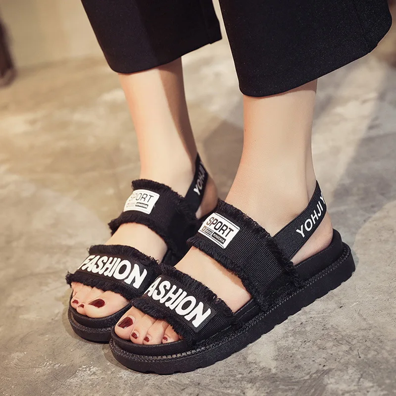 

HEFLASHOR vertive Roman Letter Comfort Denim Summer Sandals Women Platform Flats Slip On Elastic Band Ladies Daily Casual Shoes