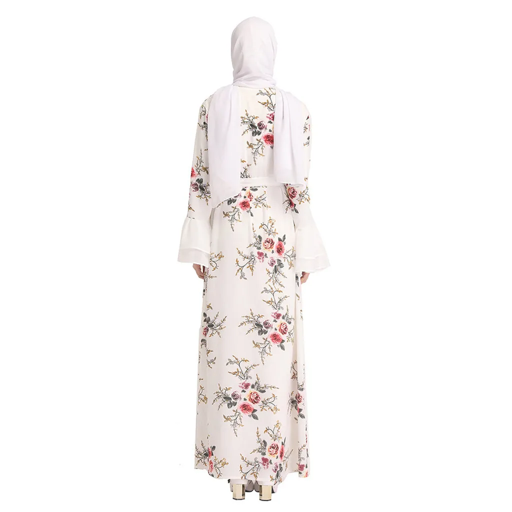 Muslim Abaya Floral Maxi Dress Cardigan FLowers Skirt printed Long Robes Tunic Middle East Ramadan Islamic Clothing black 4.13