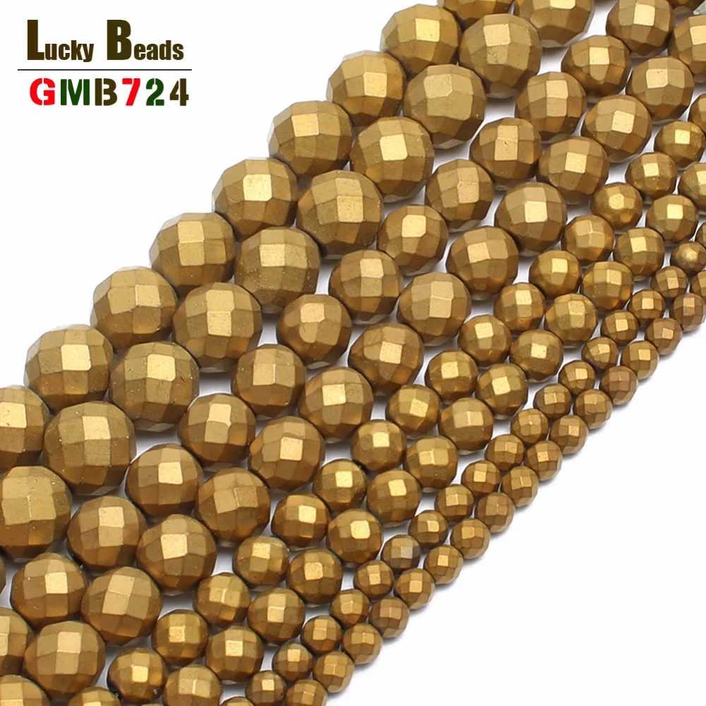 Natural Stone Beads Faceted Dull Polish Matte Golds Plated Hematite