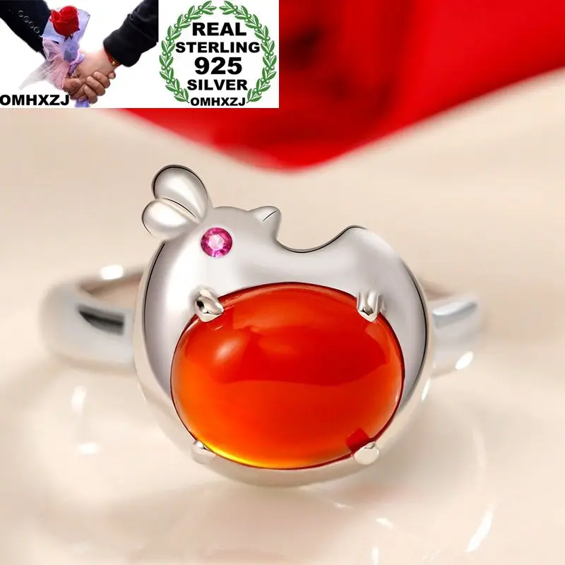 

OMHXZJ Wholesale European Fashion Woman Man Party Wedding Gift Silver Red Chicken AAA Zircon S925 Sterling Silver Ring RR236