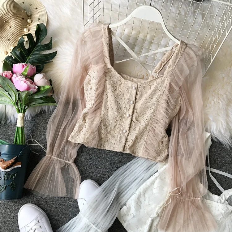 

Women Ruffle Screen Long Flare Sleeve Lace Blouse Short Crop Tops Female Spring Autumn New Slim Shirts F084