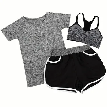 

3 Pieces Fitness Women Sets Summer Perspiration Fast Dry Casual Women Suit Female Tops + Vest + Shorts