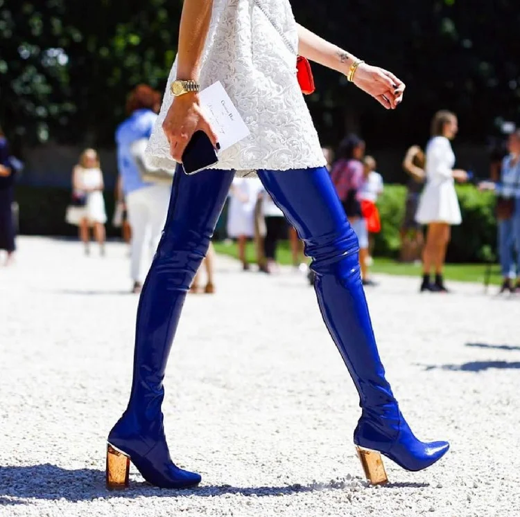 

Hot Woman Boots Patent Leather Long Booties Chaussures Femmes Transparent Square Heel Shoes Woman Brand Super Star Runway Shoes