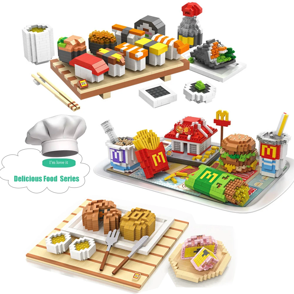 

Building bricks delicious food diamond blocks loz creator series Sushi set meal & McDonald's fast food set meal & mooncake DIY