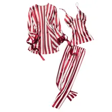 Милые женские пижамные комплекты в полоску, женственная шелковая ночная сорочка, костюм из 3 предметов, ночная рубашка+ халат+ брюки, атласная ночная Домашняя одежда, пижама Femme