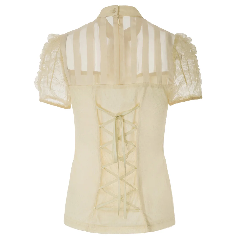 Водолазка femme blusa женская блузка с коротким рукавом из органзы стрейч сетчатый топ с пышными рукавами винтажный бежевый