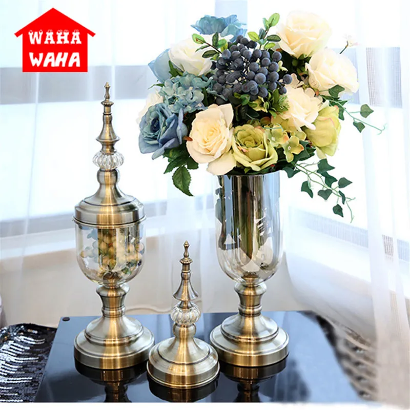 

European Retro Glass Vase Metal Alloy Gold Vase Modern Table Creative Home Decorative Artificial Flower Bottle for Wedding