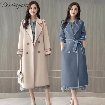 

fashion Autumn Winter british style Overcoat Women Long slim Solid Turn-Down Collar Trench Femme double breasted Trench Outwear
