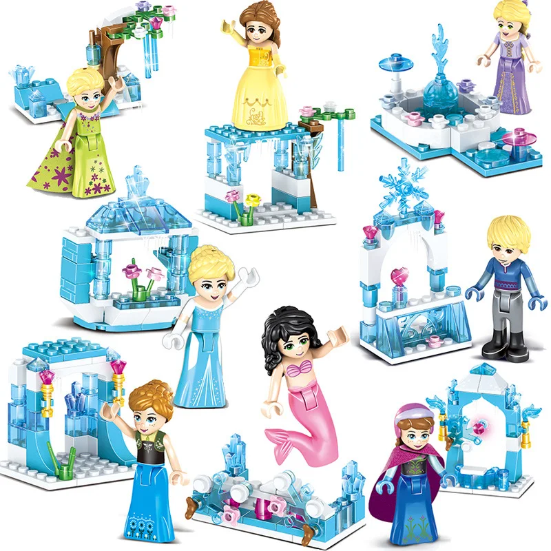 

8-in-1 Anna Elsa Sparking Ice Castle Mermaid Kristoff Princess Snow Queen Building Block Toy for girl compatible with legoingly