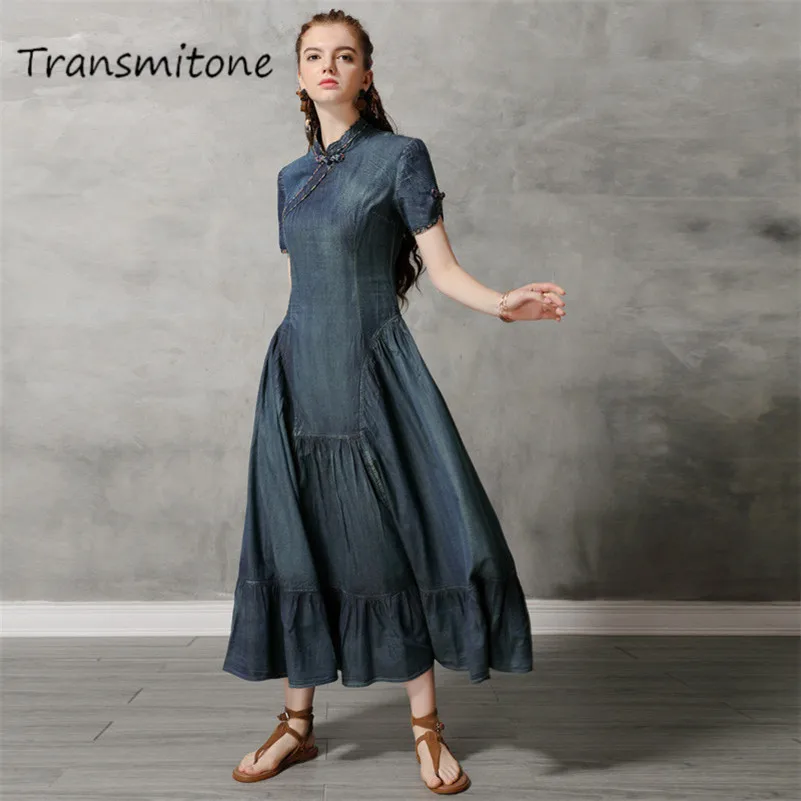

Summer Cheongsam Dress 2019 Vintage Denim Women Dresses Short Sleeve Vintage Ruffle Hem Mandarin Collar Cheongsam Vestido K82161