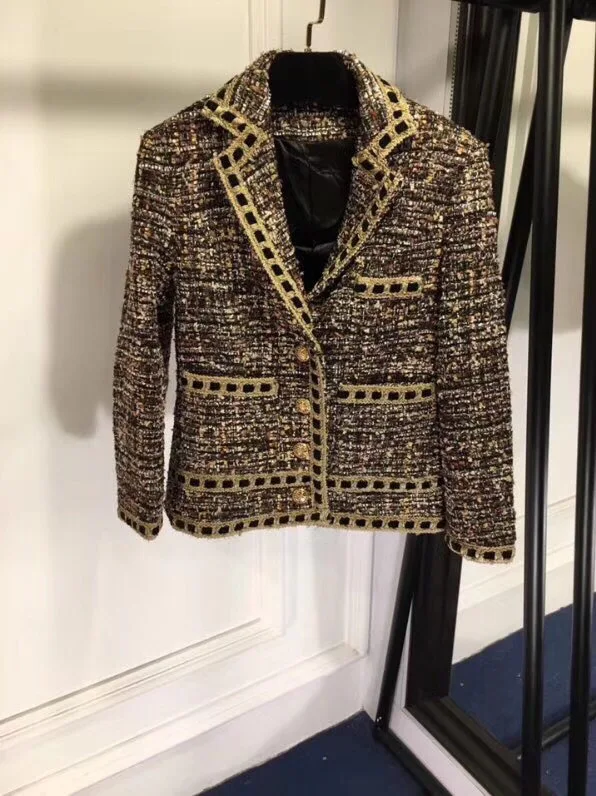 2018 Boutonnage Mode Simple Poches As Avec Courte Revers Tweed Veste Show Col Or En Femme À FBxPqwF