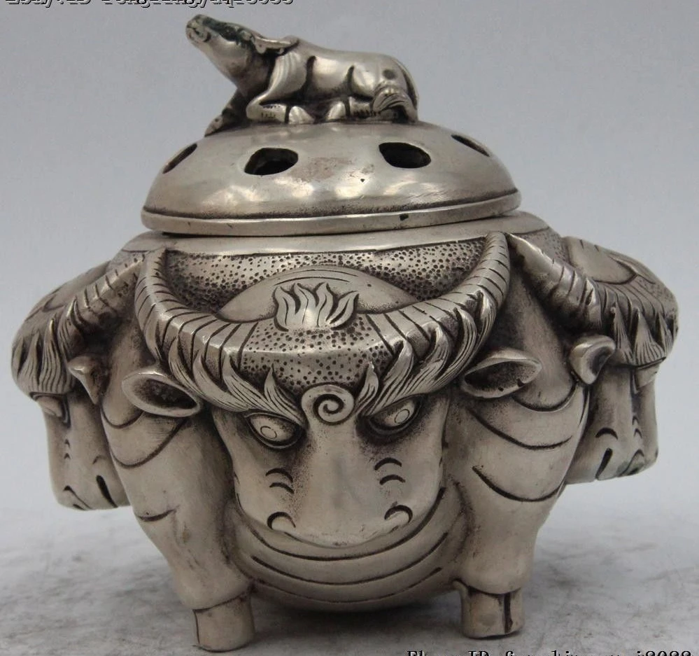

5" Chinese Buddhism White Copper Silver Gilt Bull Wild Ox Incense Burner Censer