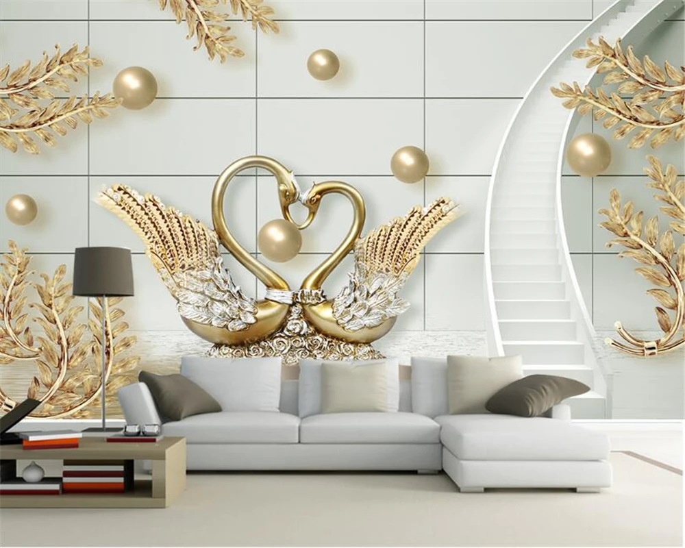 Beibehang 3D Wallpaper Mewah 3D Swan Gold Perhiasan Rotary Tangga TV Beibehang 3D Wallpaper Mewah 3D Swan Gold Perhiasan Rotary Tangga TV