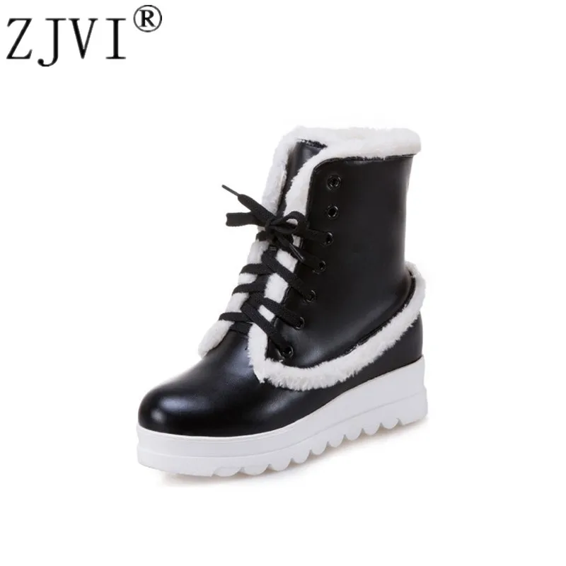 

ZJVI women fashion platform ankle snow boots womens winter plush boots 2019 woman wedges heels ladies black lace up casual shoes