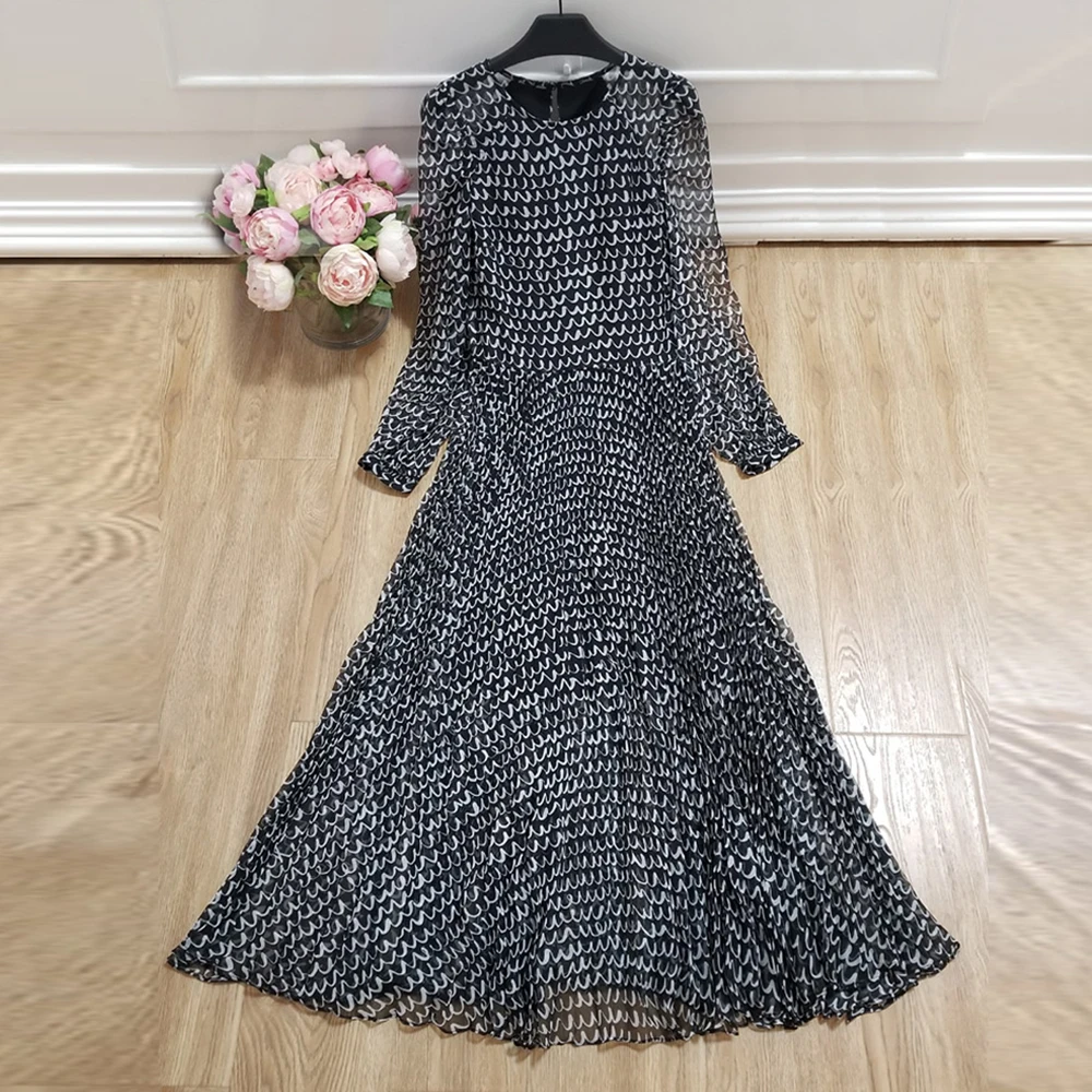 

Red RoosaRosee Designer Women New Long Sleeved Wave Print Pleated Long Maxi Dresses Spring And Summer 2019 Elegant Vestidos