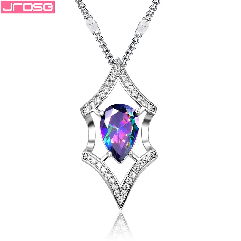 

JROSE 2019 Classic Water Drop Muticolor Purple Cubic Zircon Pendant Necklace For Women Wedding Silver Jewelry Drop Shipping