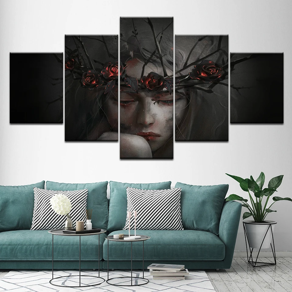 Canvas Painting black rose girl 5 Pieces Wall Art Painting Modular