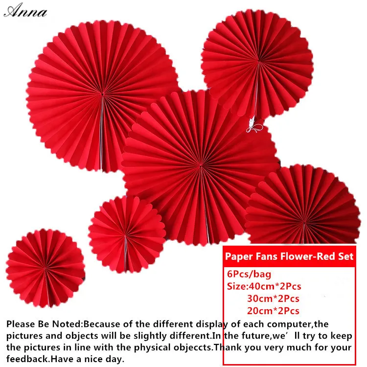 6pcs/set Round Patriotic Hanging Paper Fans Personalized Red Paper Fan