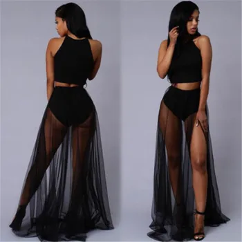 

Women Gaze View Through Mesh Irregular Long Rock Dress Party Petticoat Black