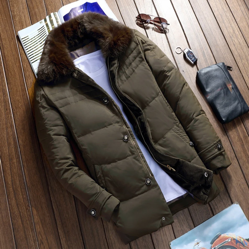 Пуховое пальто с воротником из натурального Лисьего меха, мужская теплая куртка с капюшоном, Зимняя парка, зимние пальто