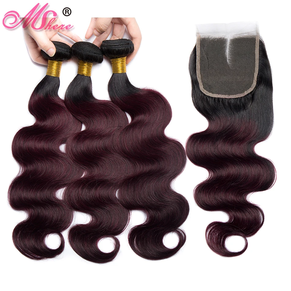 

Mshere Straight Ombre Hair 3 /4 Bundles With Closure 1B/99J Brazilan Human Hair Weave Bundles With Closure Non Remy Hair