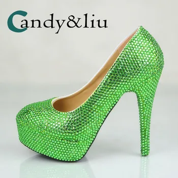 

Women Green Crystal Wedding Shoes Super High Heel Round Toe Rhinestone Pumps for Party Banquet Bridal Evening Dress Nightclub