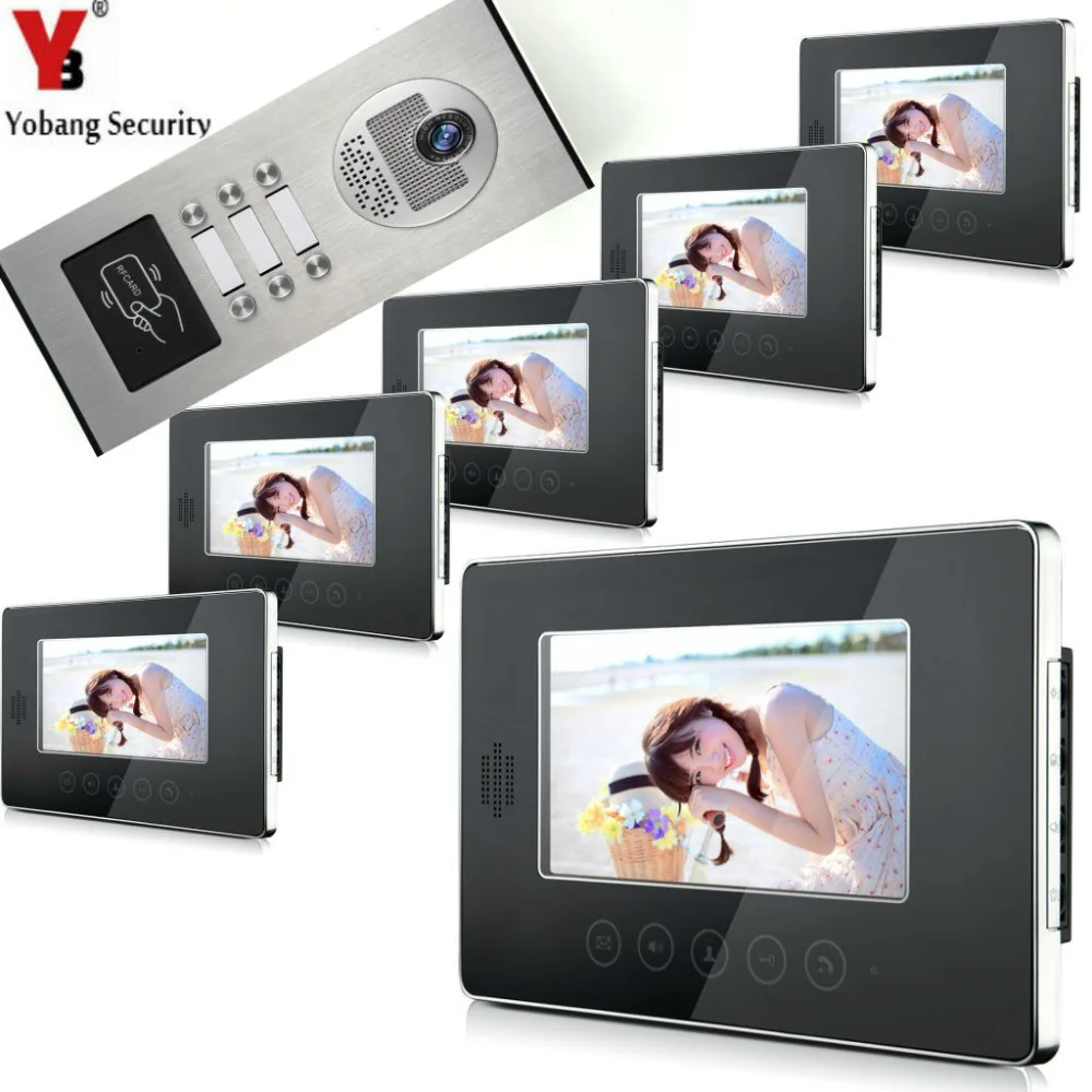 

YobangSecurity 7" Wired Video Door Phone Doorbell Intercom Security RFID Access Door Camera Bell System For 6 Multi Apartment