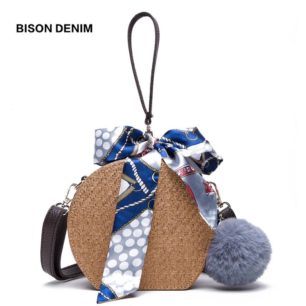 

BISON DENIM 2018 Round Straw Bags Summer Rattan Bag Woven Handmade Crossbody Bag Circle Bohemia Silk Ribbon Bolsa Feminina N1487
