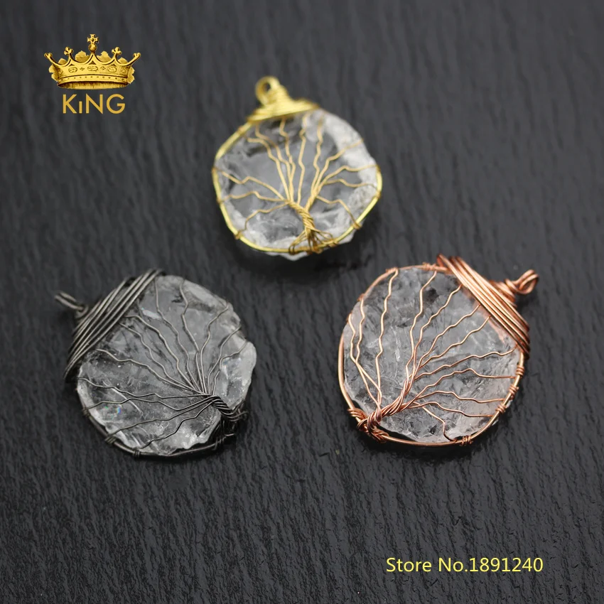 

5pcs Clear Quartz Round Coin Tree of Life Pendants,Rose Gold/Gunmetal/Gold Copper Wire Wrapped Rough Crystals Charms Bulk DSS132