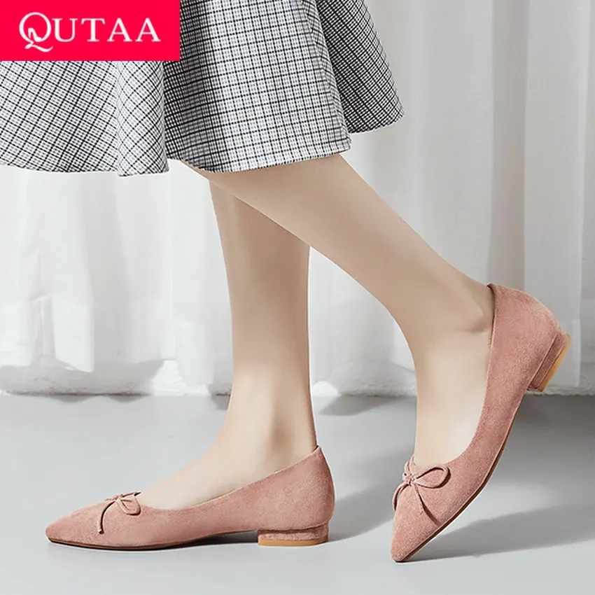 

QUTAA 2019 Woman Flats Square Low Heel Flock Pointed Toe Butterfly-Knot Casual Shallow Single Shoes Sweet Spring Size 34-43