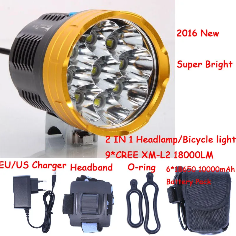 Koop 8.4 v Wateprroof 9L2 18000 Lumen Fietshelm Hoofd Lamp 9 x XM L2 LED Bike Light amp; Koplamp Koplamp 3 modi