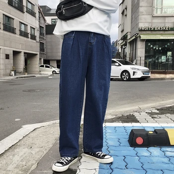 

2019 Men's New Pattern Leisure Wide Leg Pants Cowboy Loose Trousers Baggy Homme Classic Style Jeans Men Blue Color Pants S-3XL