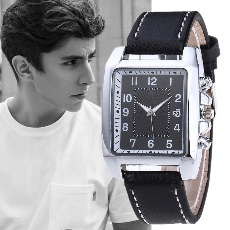 

Rectangle large Dial Men Business Military Watch Leather Calendar watch Quartz Sport men watches Clock Relogio Masculino GJC-28
