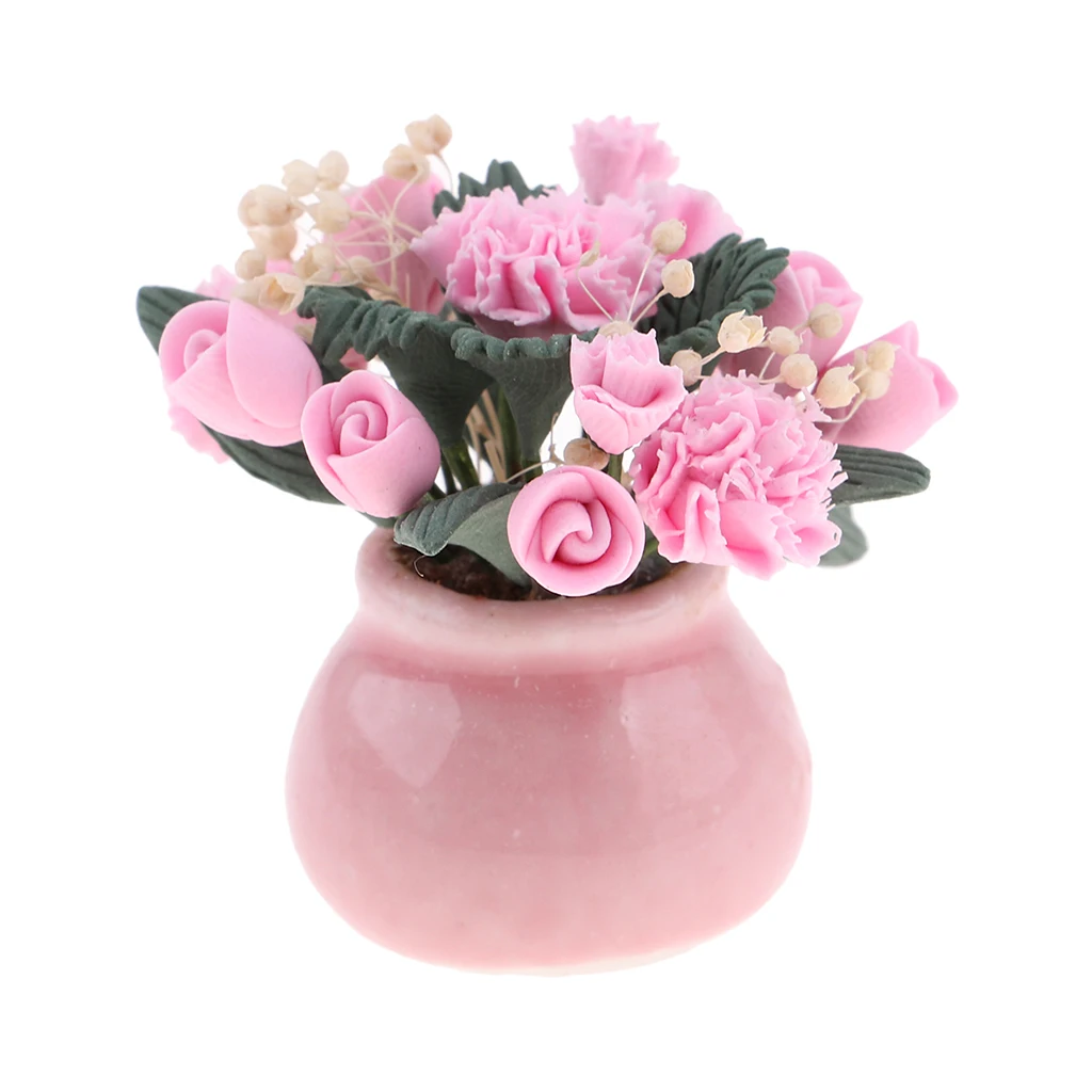 1:12 Dollhouse Miniature Pink Flower In Glass Vase Dolls Room Table Garden Decoration  Decor Accs Furnishings