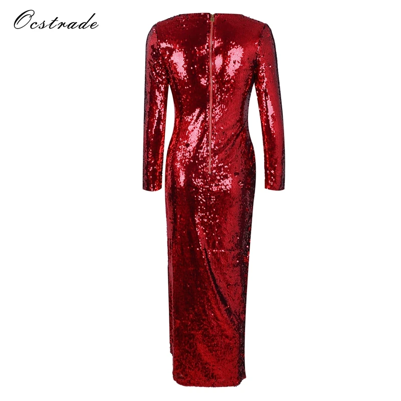 Red Long Sleeve Sequin Dress