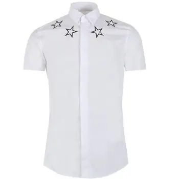 

New Men Casual Shirt Slim Fit Pentagra Embroidery Shirt High Quality Camisa Masculina Chemise Homme Short Sleeve Shirt M 2XL 3XL