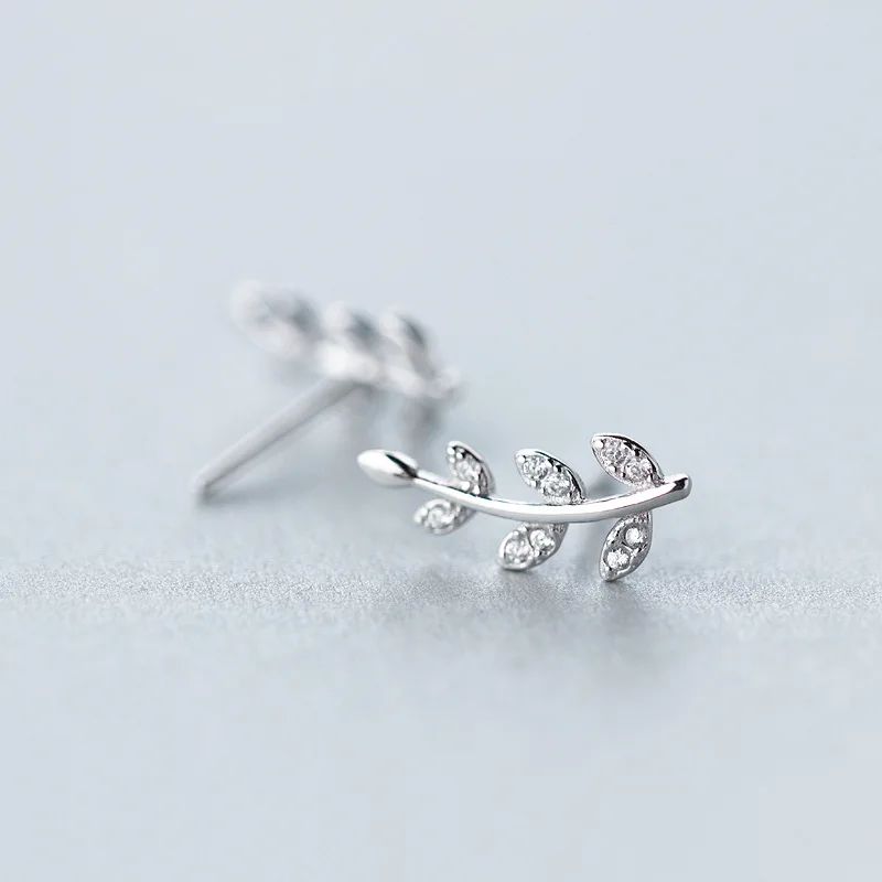 REAL. 925 Sterling Silver Jewelry Branch Leaf Stud Earrings with clear