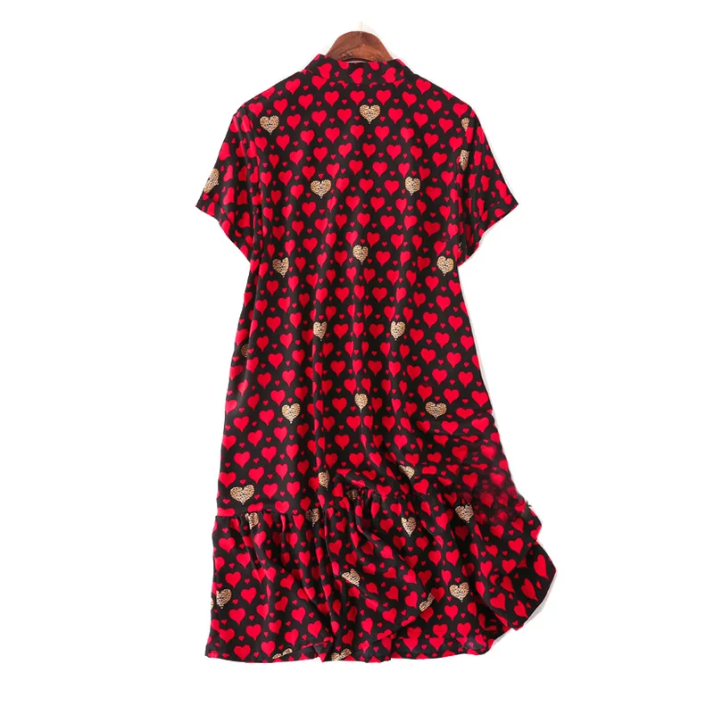 Женское мини-платье из натурального шелка, Креповое платье с принтом в виде красных сердечек для женщин, шелковое платье с коротким рукавом, летнее новое платье
