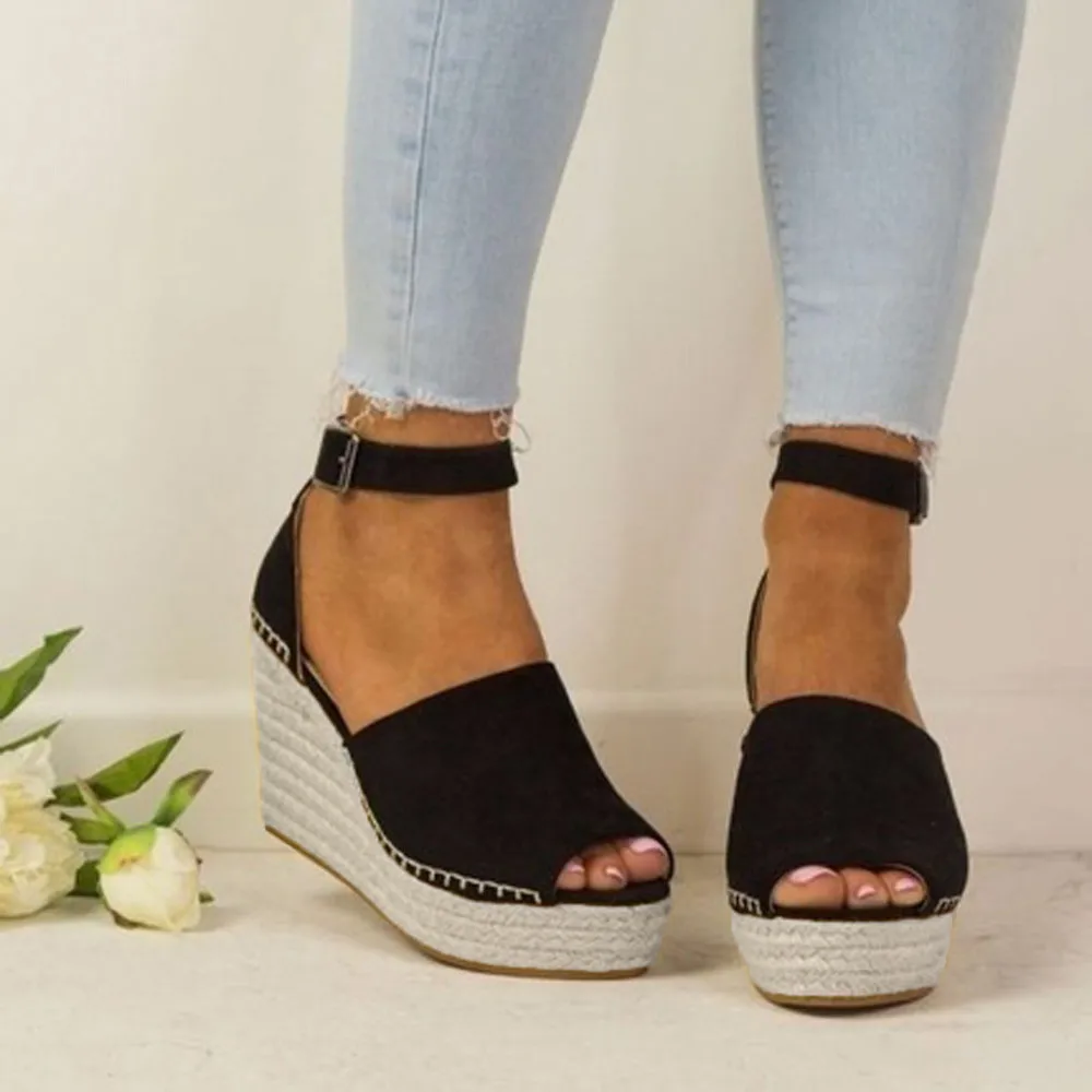

2019 Women Fashion Spring/Autumn Hasp Sandals Dull Polish Sewing Peep Toe Wedges Flatform Shoes z0108